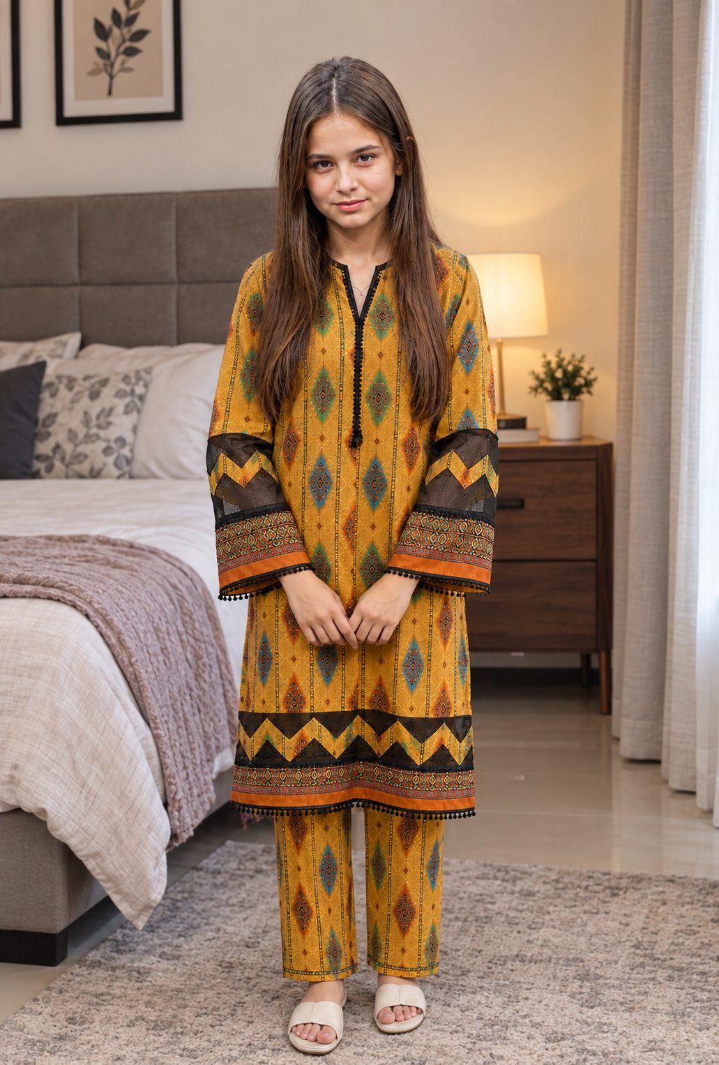 Women's 2 Piece Stitched Cotton Printed Suit, Shirt & Trouser