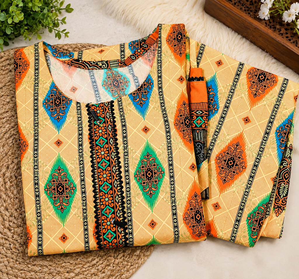 Women's 2 Piece Stitched Cotton Printed Suit, Shirt & Trouser
