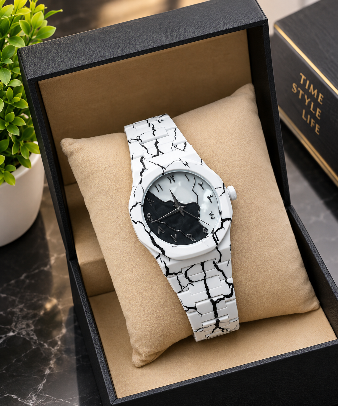 Unisex Marble Design Watch, Black & Pearl White Quartz Wristwatch