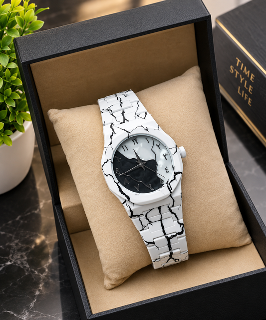 Unisex Marble Design Watch, Black & Pearl White Quartz Wristwatch