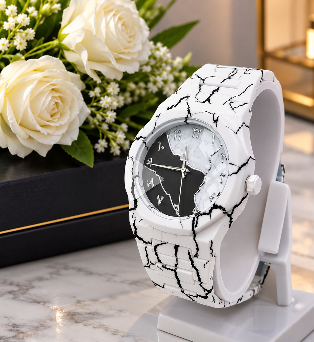 Unisex Marble Design Watch, Black & Pearl White Quartz Wristwatch