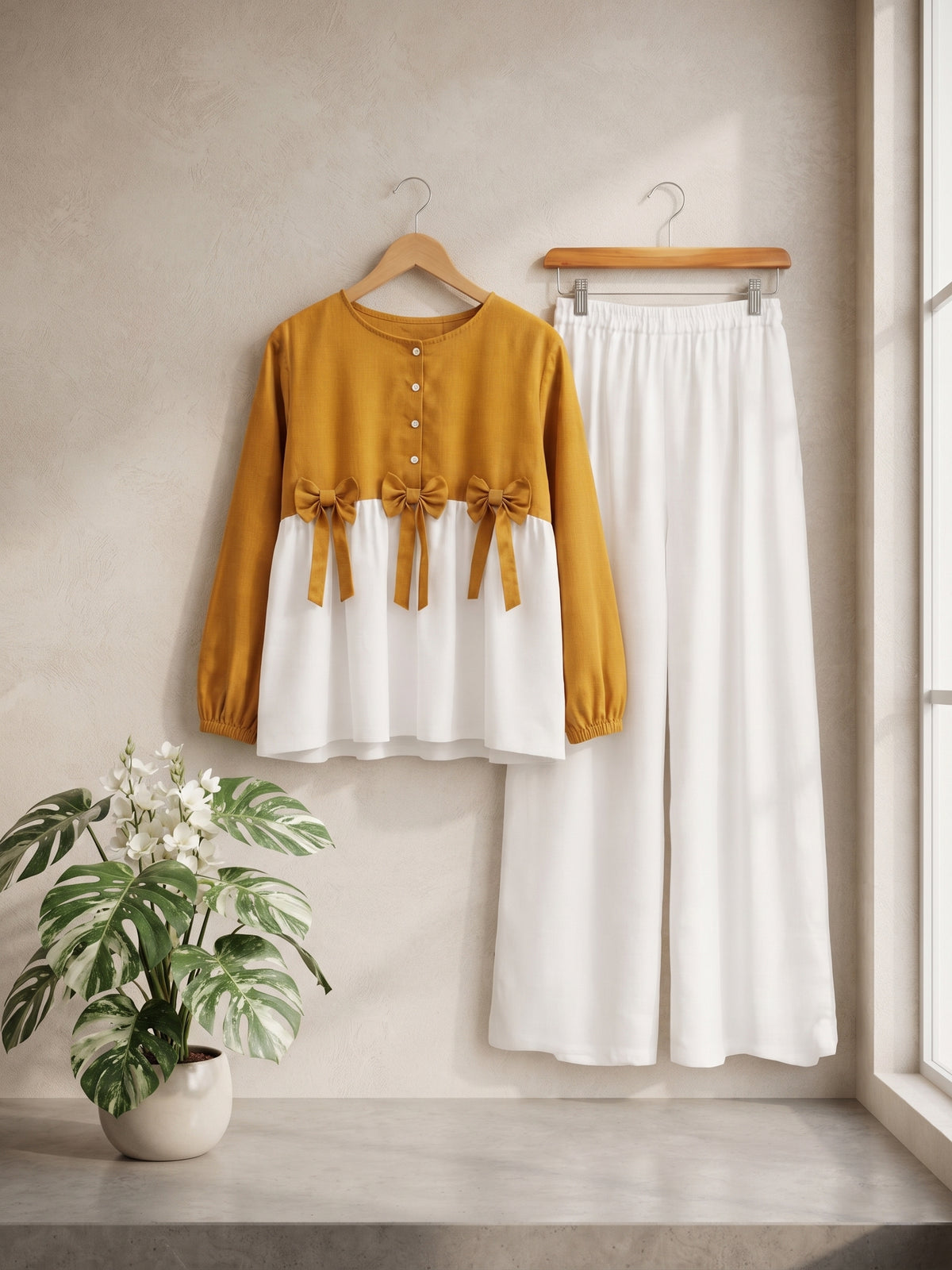 2 Pcs Women's Cotton Shirt & Trouser Set – Mustard Plain Outfit