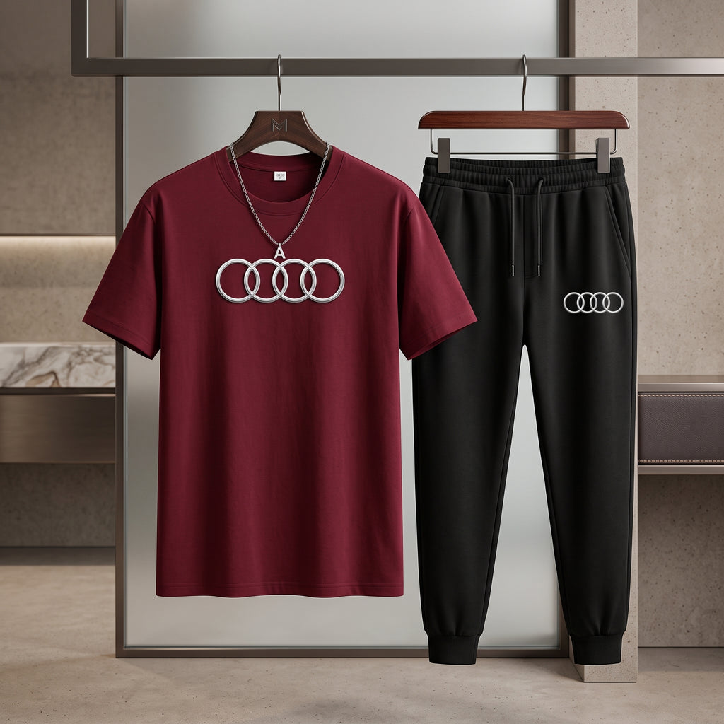 Audi Logo Tracksuit for Men & Women Maroon Black 2 Piece Set