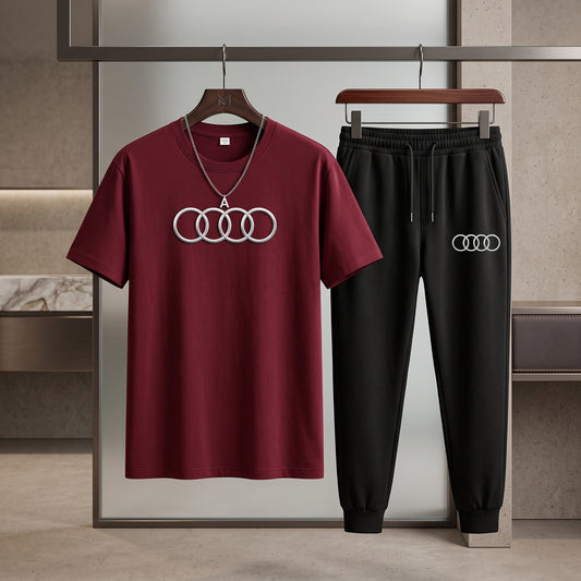 Audi Logo Tracksuit for Men & Women Maroon Black 2 Piece Set