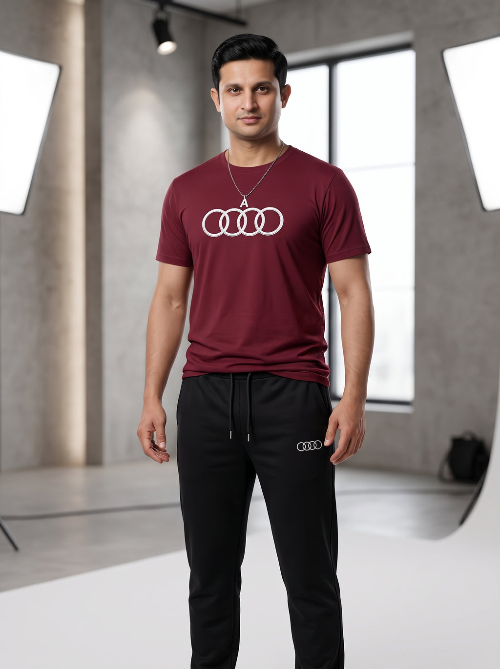 Audi Logo Tracksuit for Men & Women Maroon Black 2 Piece Set