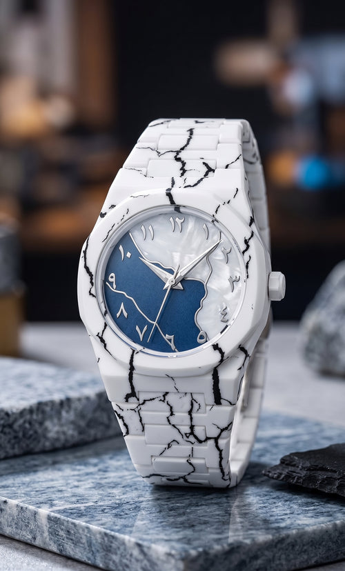 Unisex Marble Design Watch, Black & Pearl White Quartz Wristwatch
