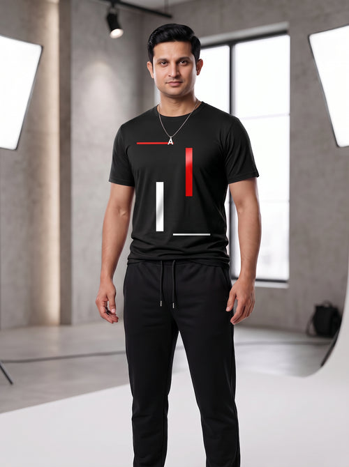 Men's 2 Piece Jersey Printed Tracksuit, Black T Shirt &amp; Trouser Set